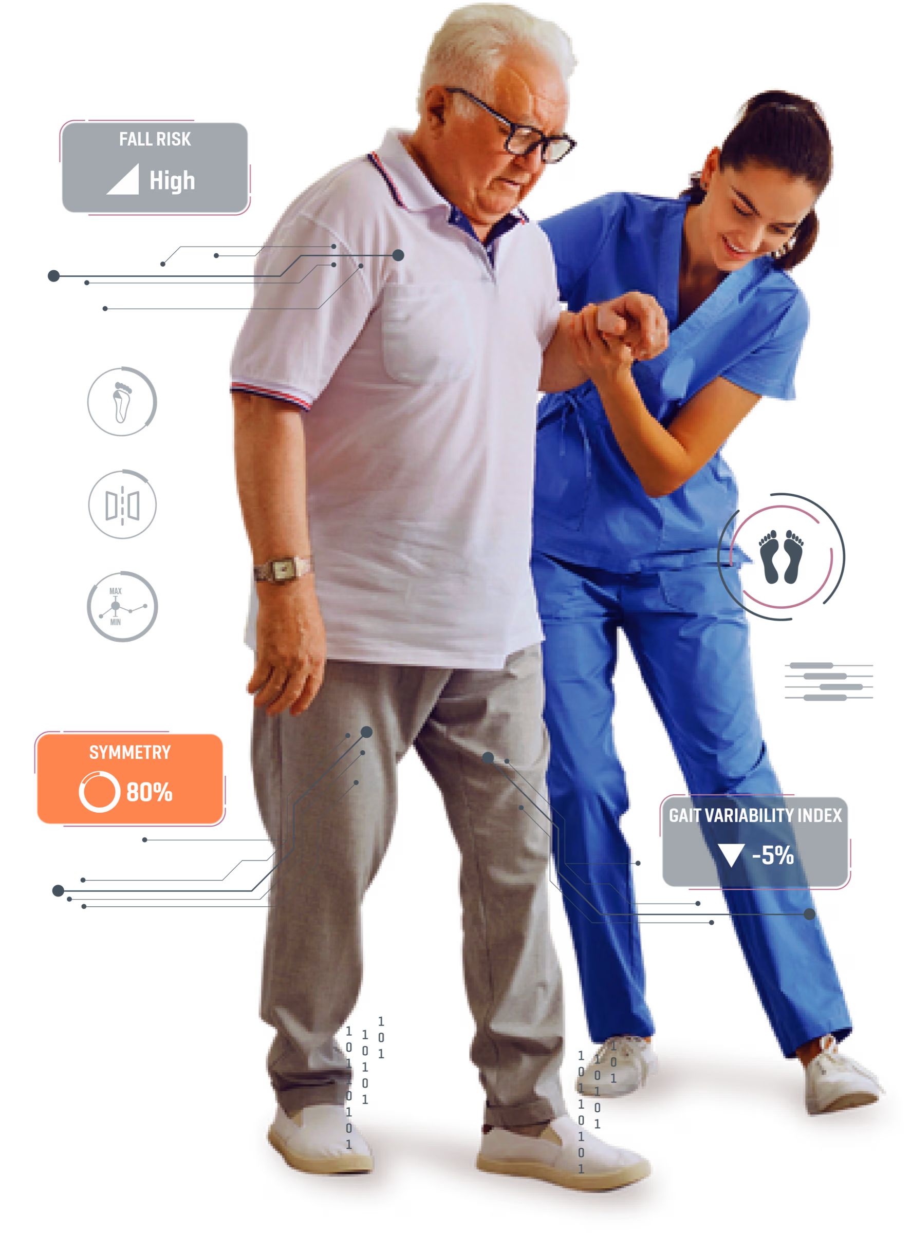 Elderly patient supported during neurological gait assessment